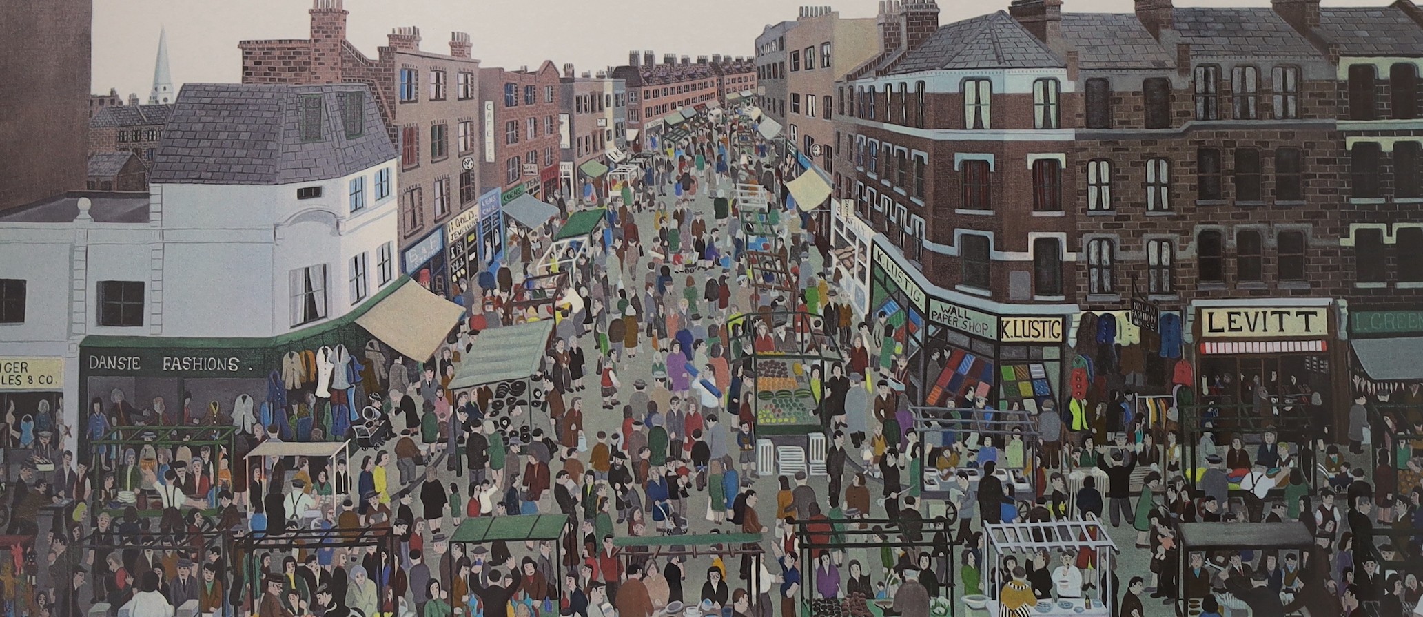 John Allin (1934-1991), limited edition print, 'Petticoat Lane', signed in pencil, 156/250, 34 x 72cm